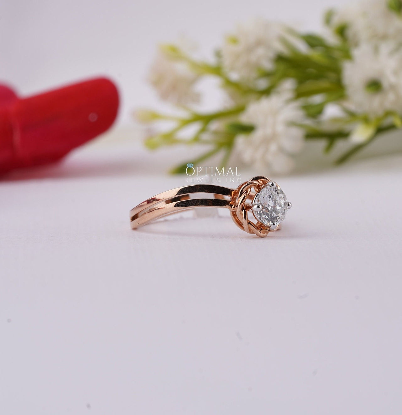 Dainty Lab Grown Diamond Ring 0.47 Ctw Floral Bezel Set Engagement Ring Double Band Solitaire Ring Solid Rose Gold Promise Ring For Her