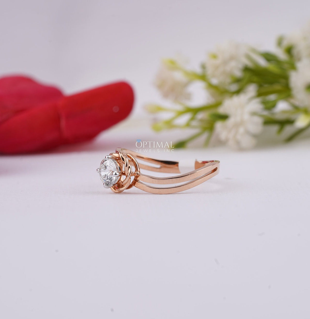 Dainty Lab Grown Diamond Ring 0.47 Ctw Floral Bezel Set Engagement Ring Double Band Solitaire Ring Solid Rose Gold Promise Ring For Her