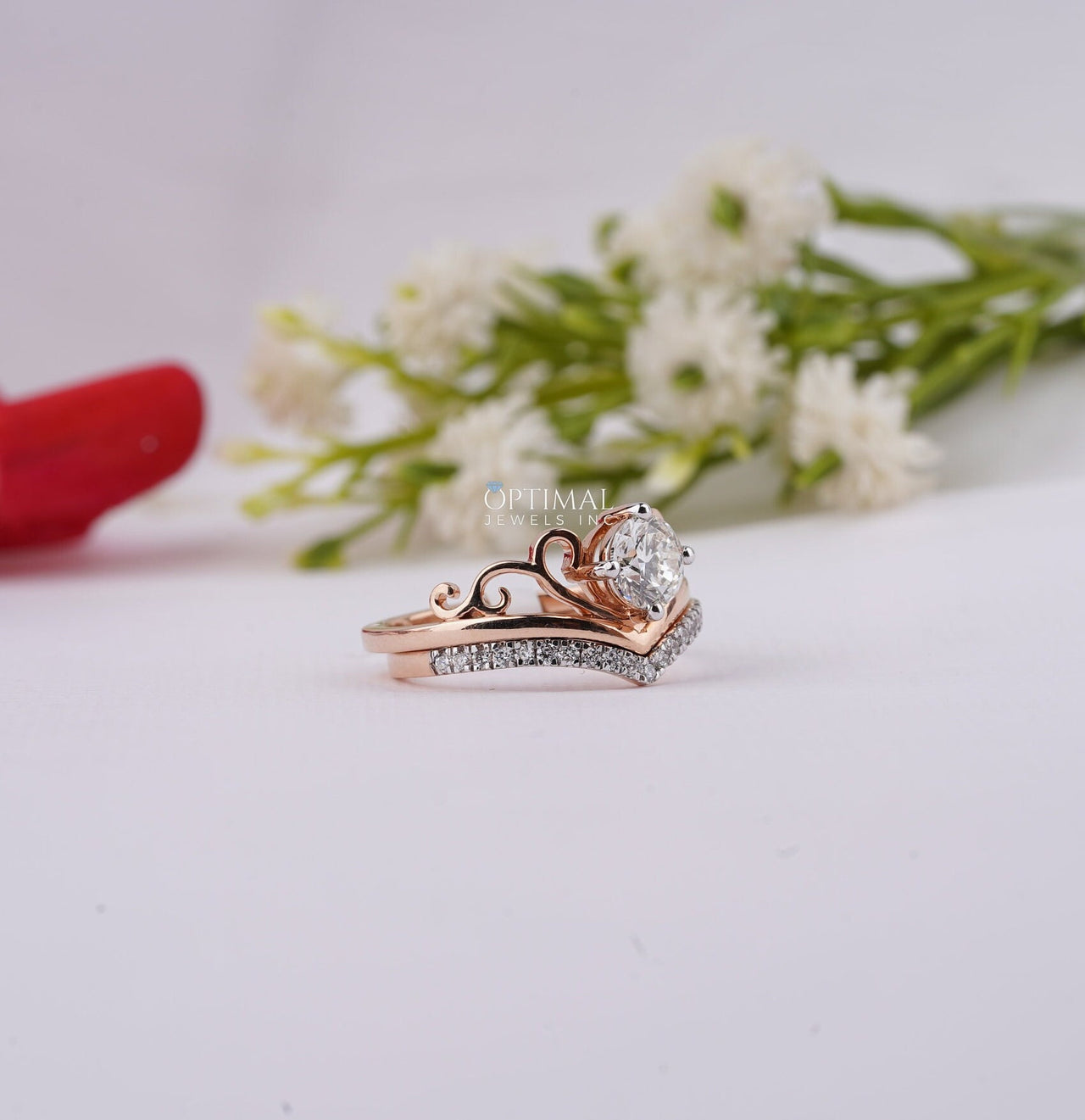 Charming Tiara Style Engagement Ring 0.96 Ctw Round Cut Lab Created Diamond Ring Crown Inspired Design, Rose Gold Double Band Wedding Ring