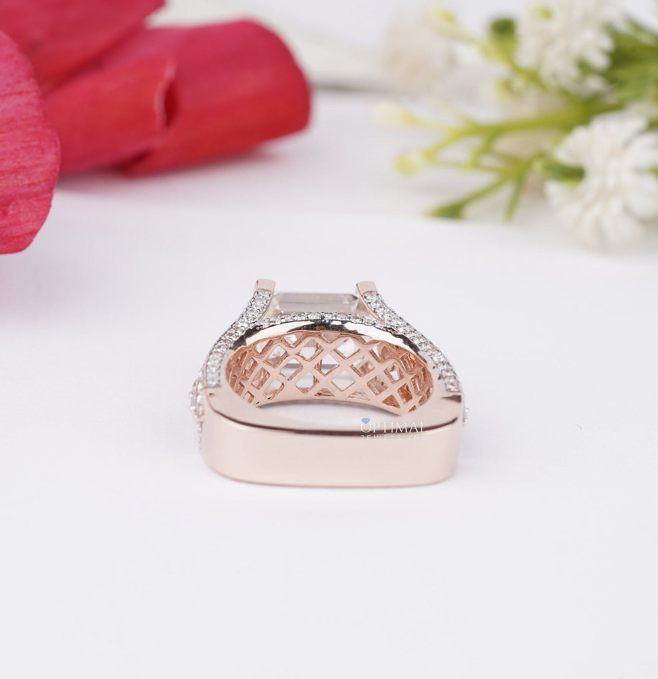 Stunning Art Deco Inspired Ring 3.25 Ctw Emerald & Round Cut Wedding Ring Pave Set Diamond Ring Lab Diamond Rose Gold Ring Anniversary Gift