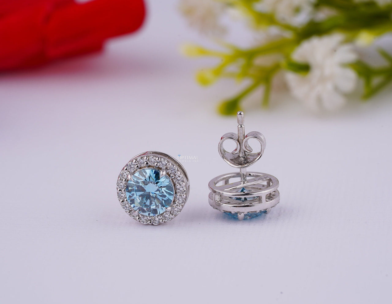 Sapphire Blue Lab Diamond Earrings 2.40 Ctw IGI Certified Round Halo Diamond Earring White Gold Stud Earring For Women Gift For Her