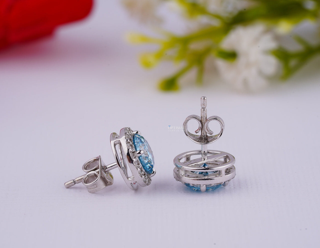 Sapphire Blue Lab Diamond Earrings 2.40 Ctw IGI Certified Round Halo Diamond Earring White Gold Stud Earring For Women Gift For Her