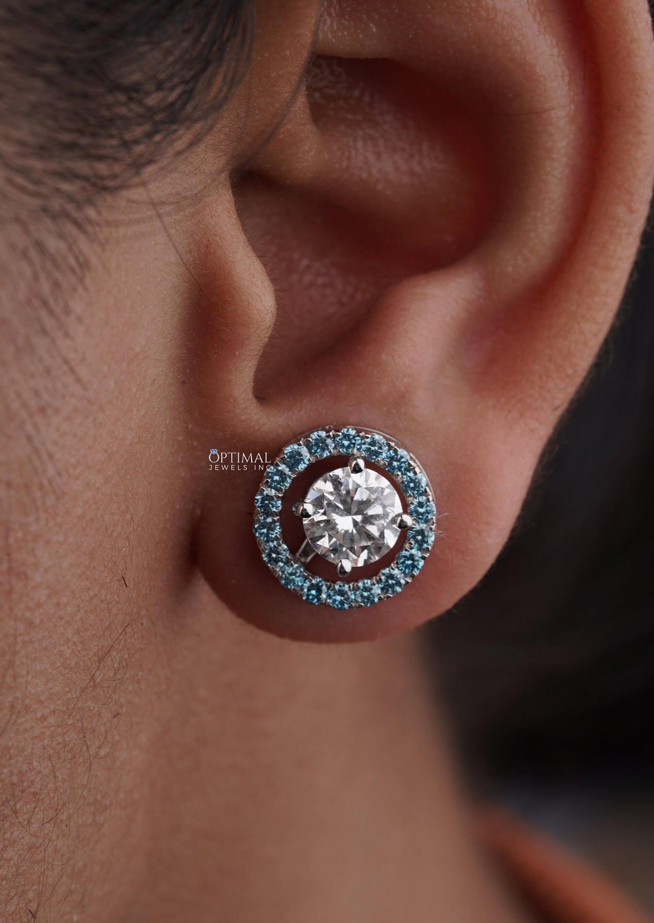 Stunning Round Halo Stud Earring 2.44 Ctw Blue Sapphire Pave Setting White Gold Stud Earring Jacket Earrings For All Occasion Gift For Women