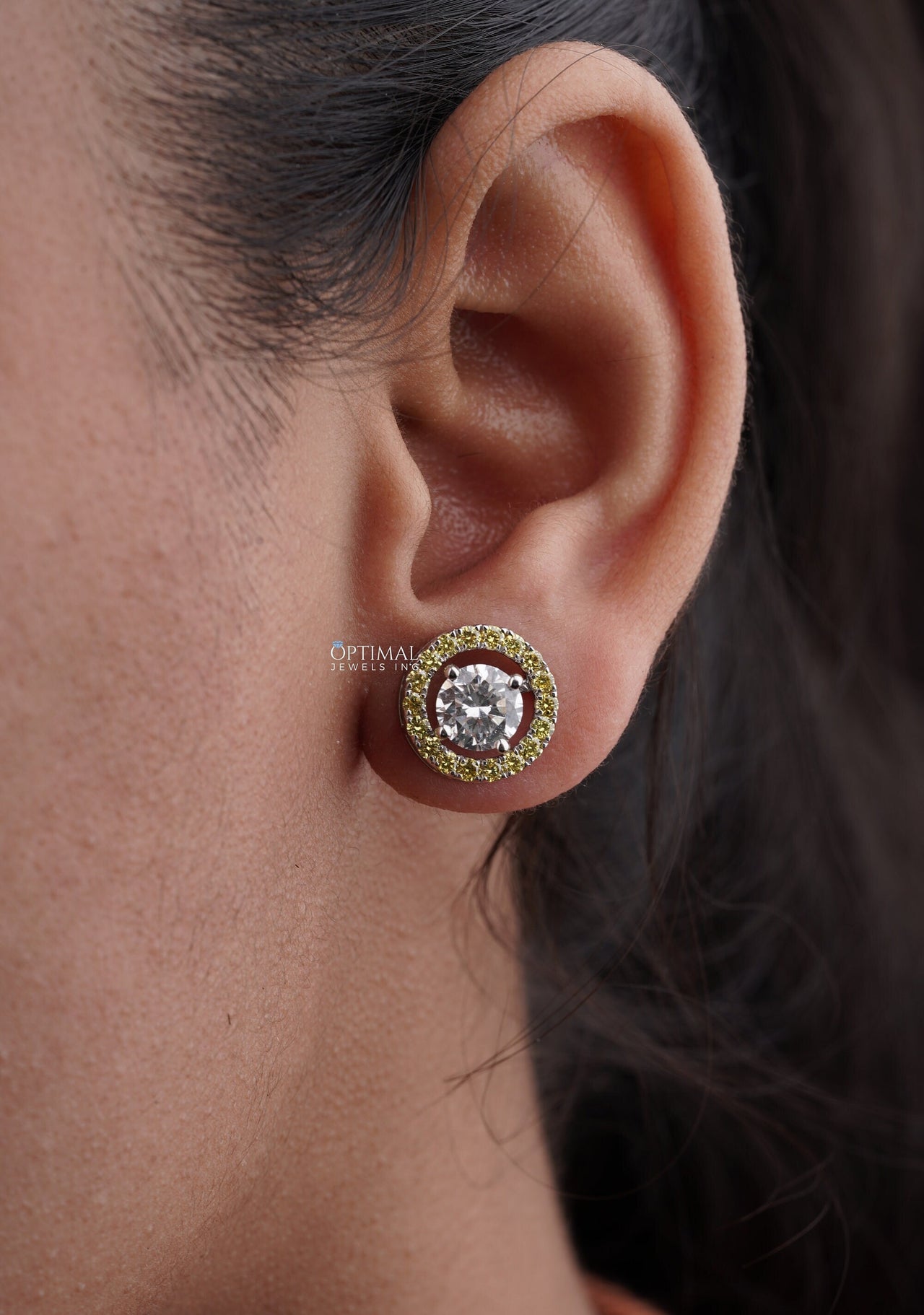 Elegant Two-Tone Lab Diamond Stud Earring 2.44 Ctw Round Sparkling Yellow Stone Encrusted Circle Drop Earring Perfect For Special Occasions