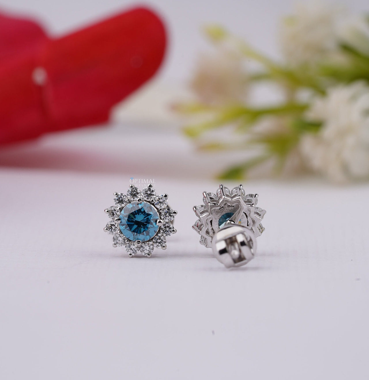 Fancy Vivid Blue Lab Diamond Earring 2.50 Ctw Halo Diamond Earring Round Cut Diamond White Gold Stud Earring For Everyday Wear Gift For Her