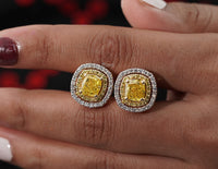 Thumbnail for Unique Cushion Lab Grown Diamond Earring 3.50 Ctw Double Halo Diamond Earring 18K Gold Wedding Earring Yellow Diamond Stud Earring For Women