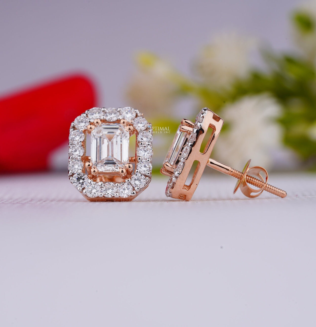 Stunning Emerald Lab Grown Diamond Earring 1.60 Ctw IGI Certified Emerald Cut Diamond Stud Earring Halo Diamond Rose Gold Earring For Women