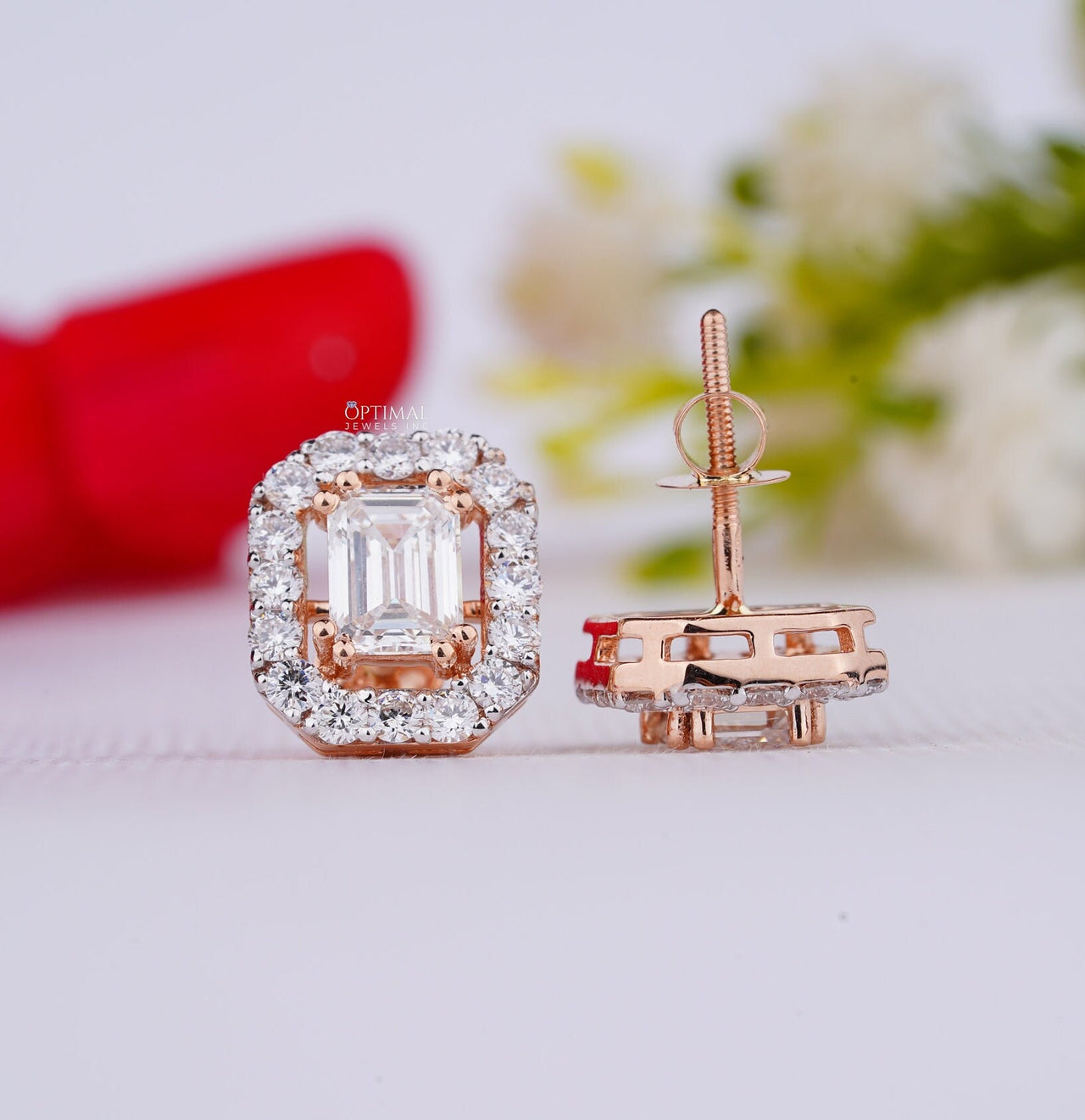 Stunning Emerald Lab Grown Diamond Earring 1.60 Ctw IGI Certified Emerald Cut Diamond Stud Earring Halo Diamond Rose Gold Earring For Women