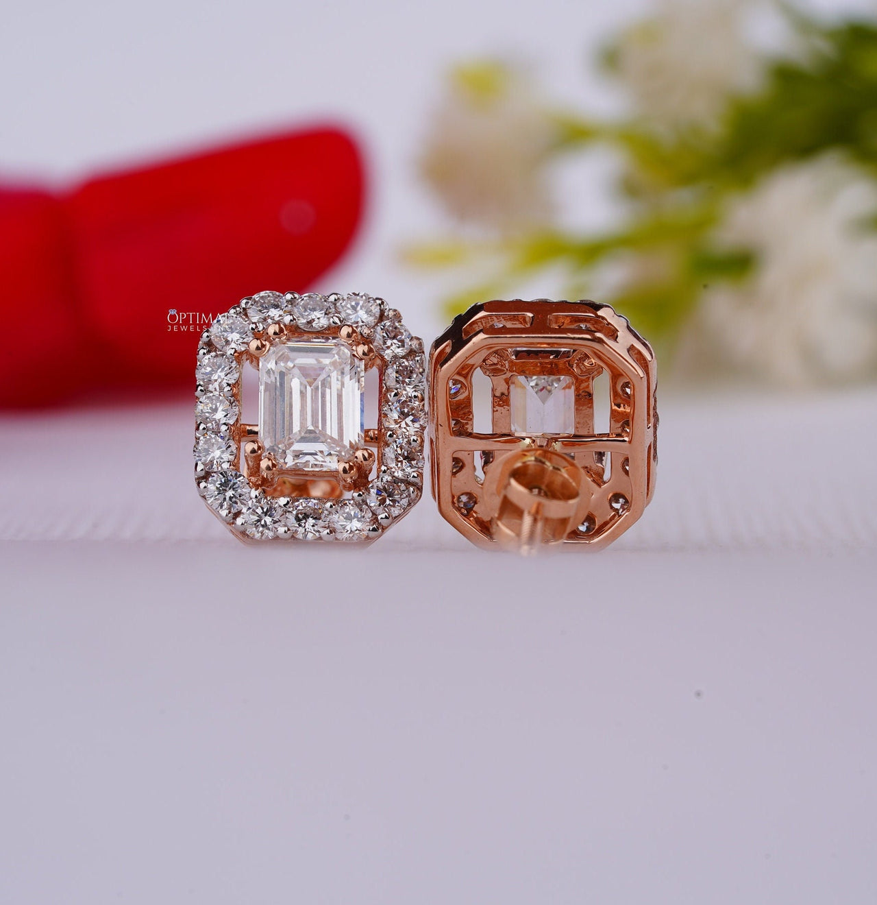 Stunning Emerald Lab Grown Diamond Earring 1.60 Ctw IGI Certified Emerald Cut Diamond Stud Earring Halo Diamond Rose Gold Earring For Women