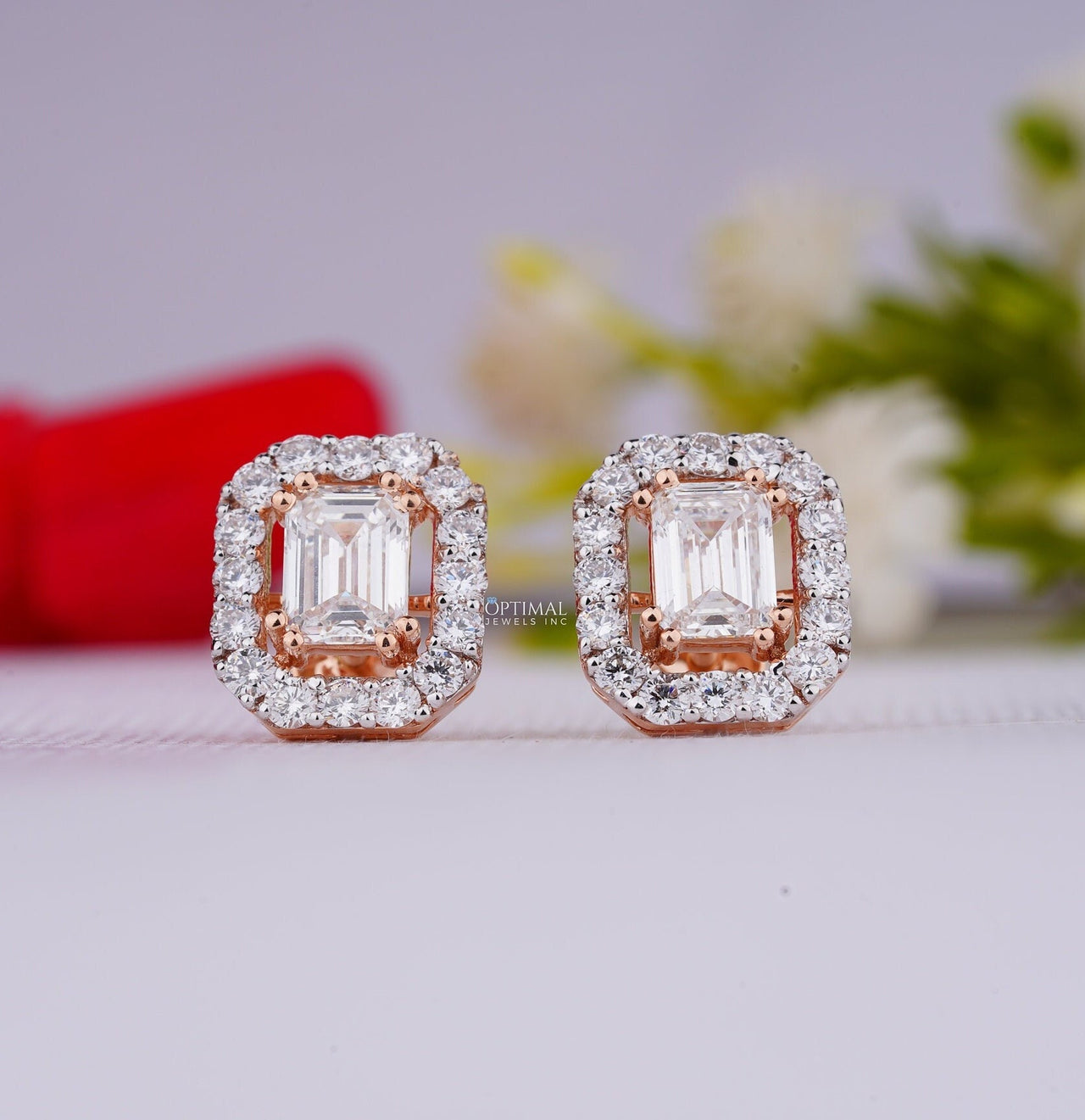 Stunning Emerald Lab Grown Diamond Earring 1.60 Ctw IGI Certified Emerald Cut Diamond Stud Earring Halo Diamond Rose Gold Earring For Women