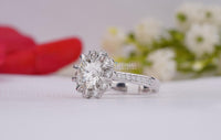 Thumbnail for Allure Round 3.05 CTW Lab Created Diamond Halo Engagement Ring, IGI Certified Floral Design In Solid White Gold Pave Band Wedding Ring