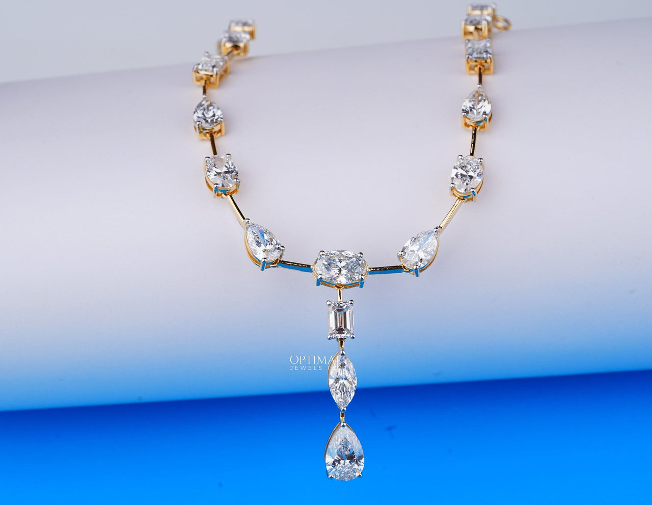 Exquisite Gold Necklace Adorned with Pear, Oval, and Rectangular Cut Diamonds, 18.00 Ctw Lab Diamond, Central Drop Design Necklace For Women