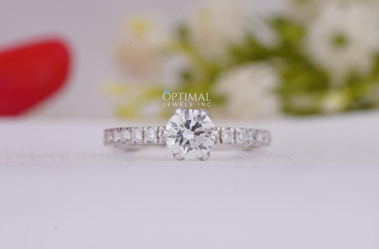 Cluster Unique 1.02 Ctw Round Lab Diamond Ring 14K Solid White Gold Engagement Ring Lab Created Pave Set Ring Anniversary Ring Gift For Her