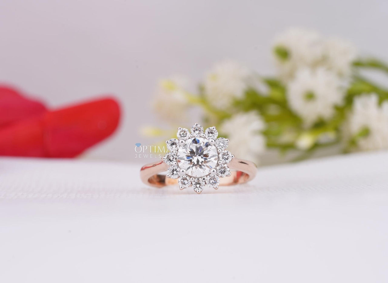 IGI Certified Round Lab Grown Diamond Ring 1.57 Ctw Round Halo Wedding Ring Lab Created Diamond Ring Rose Gold Engagement Ring Promise Ring