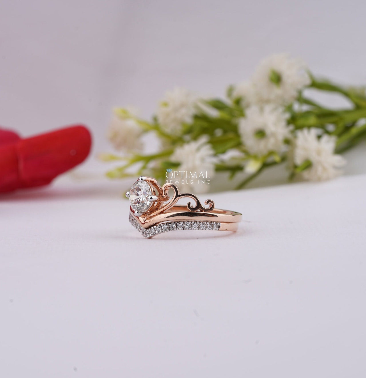 Charming Tiara Style Engagement Ring 0.96 Ctw Round Cut Lab Created Diamond Ring Crown Inspired Design, Rose Gold Double Band Wedding Ring