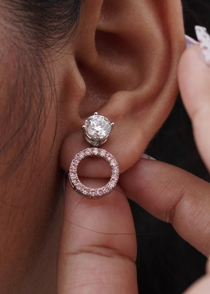 Round Lab Diamond Earring 2.44 Ctw Pink Halo Diamond Earring Jacket Earring White Gold Stud Earring Lab Grown Diamond Earring Gift For Women