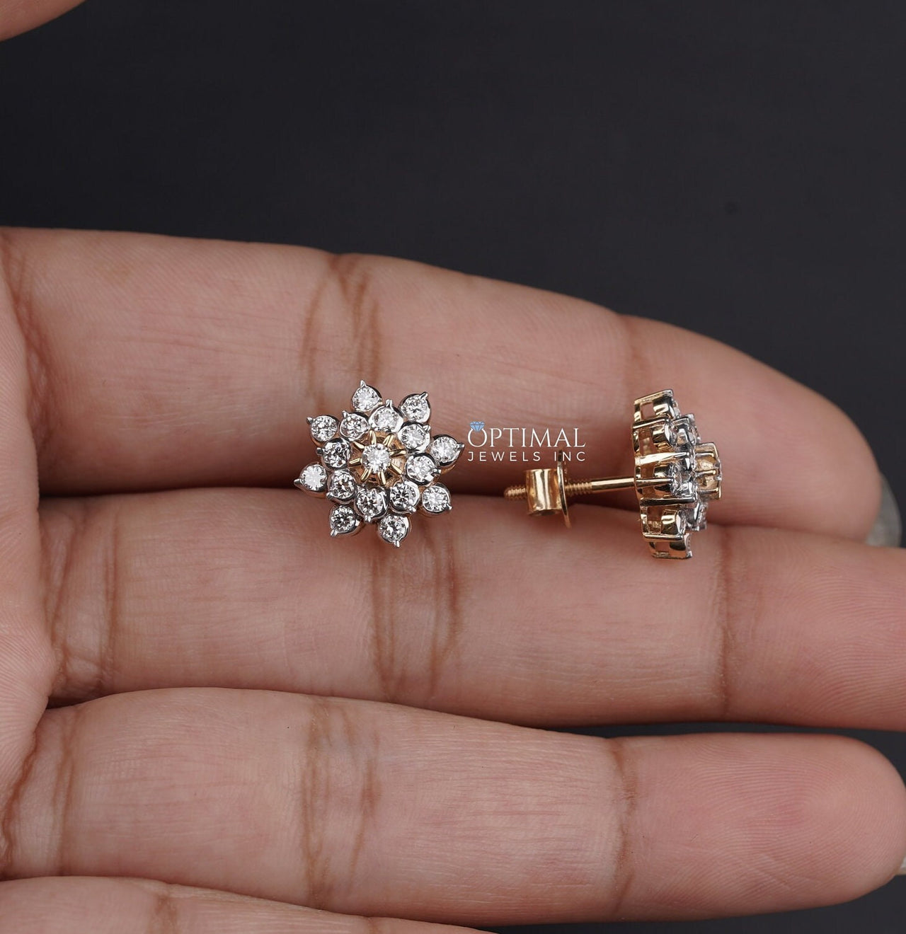 Stunning Lab-Grown Diamond Flower Studs, 1.40 CTW Floral Shape Design, Round Cut Diamonds  Yellow Gold Earring, Perfect Gift Choice for Her