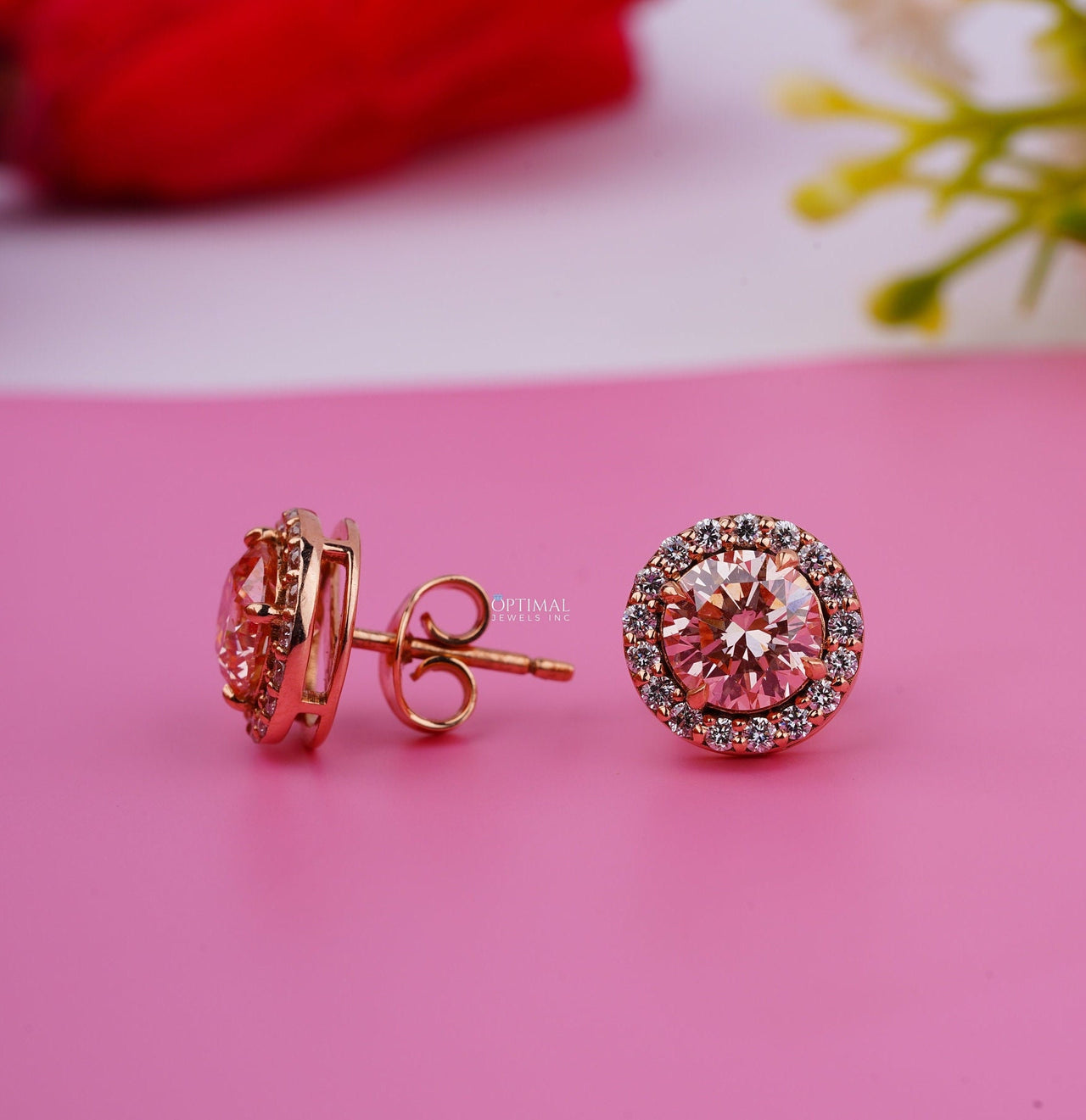 Pink Round Lab Diamond Earrings 2.40 Ctw IGI Certified Halo Diamond Earring 18K Yellow Gold Stud Earring For Her Perfect Gift For Women