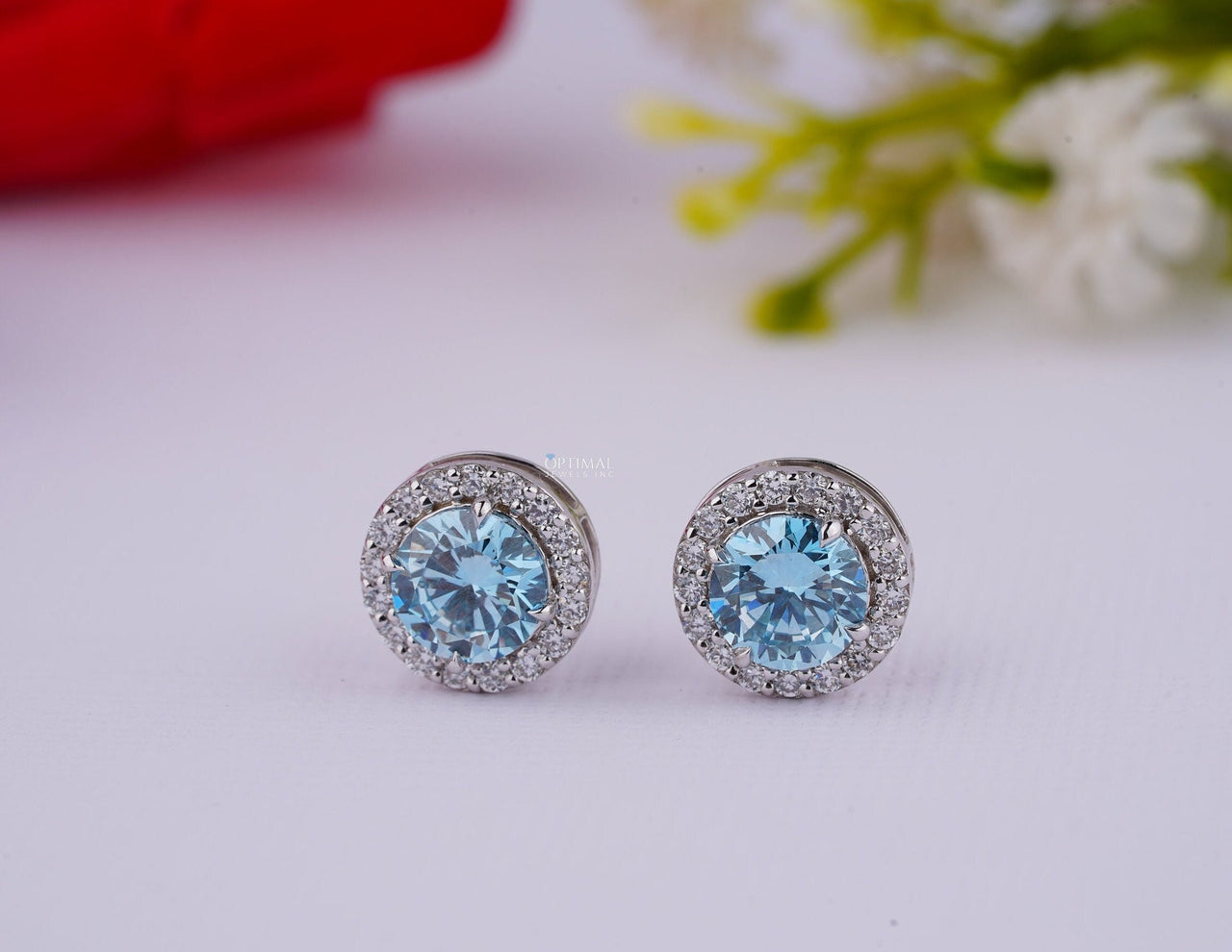 Sapphire Blue Lab Diamond Earrings 2.40 Ctw IGI Certified Round Halo Diamond Earring White Gold Stud Earring For Women Gift For Her