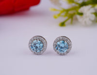 Thumbnail for Sapphire Blue Lab Diamond Earrings 2.40 Ctw IGI Certified Round Halo Diamond Earring White Gold Stud Earring For Women Gift For Her