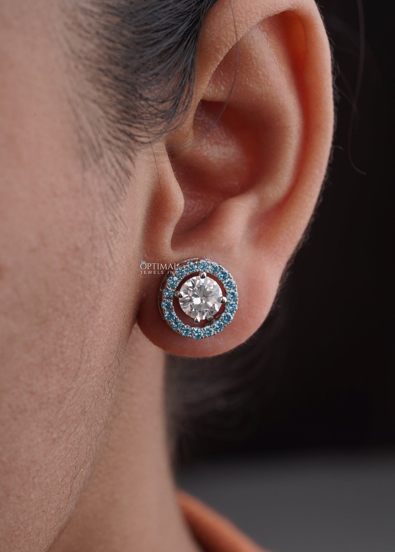 Stunning Round Halo Stud Earring 2.44 Ctw Blue Sapphire Pave Setting White Gold Stud Earring Jacket Earrings For All Occasion Gift For Women