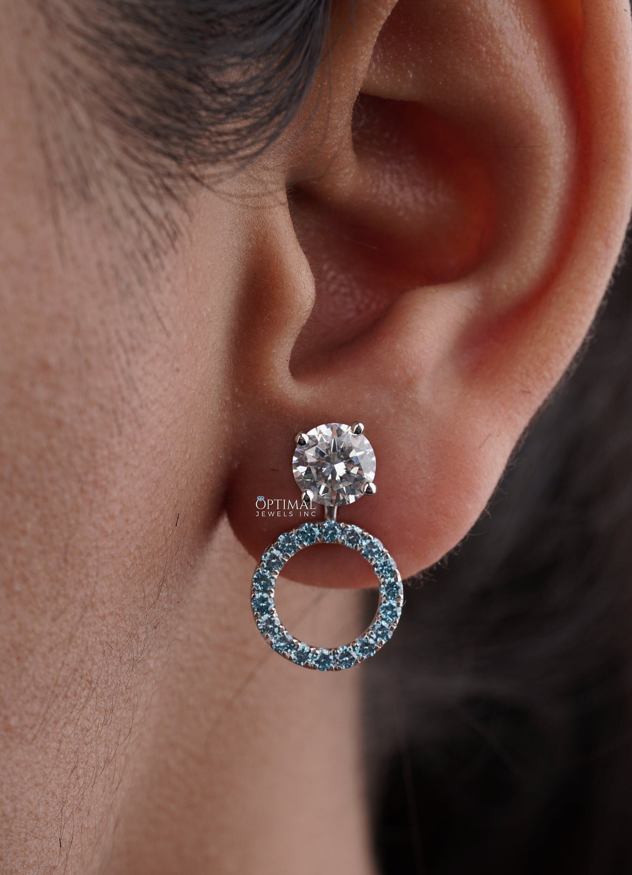 Stunning Round Halo Stud Earring 2.44 Ctw Blue Sapphire Pave Setting White Gold Stud Earring Jacket Earrings For All Occasion Gift For Women