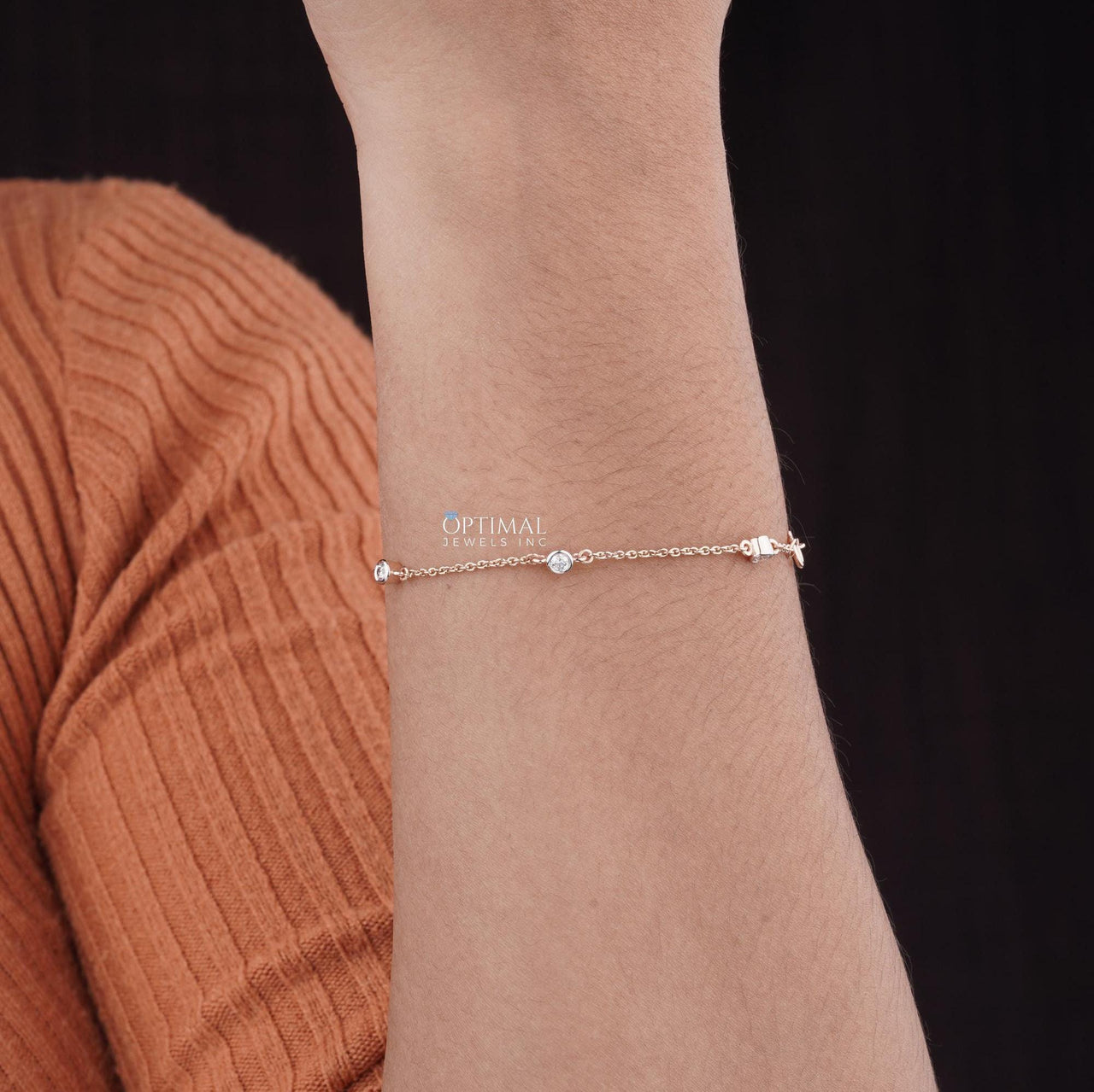 Lab-Grown Diamond Chain Bracelet, 0.50 CTW Round Cut Diamond Bracelet, Bezel Set Rose Gold Bracelet, Station Bracelet, Special Gift for Love