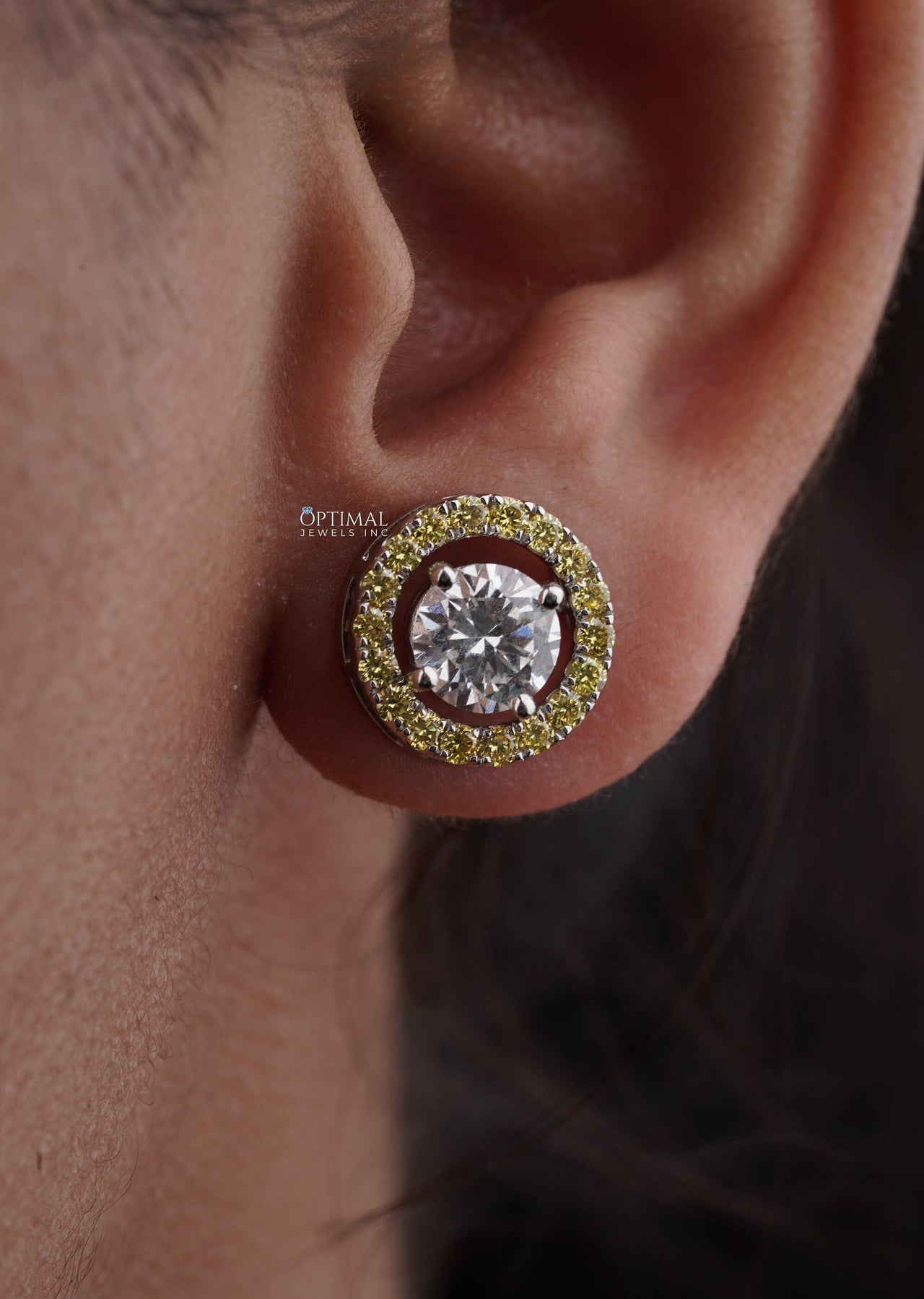 Elegant Two-Tone Lab Diamond Stud Earring 2.44 Ctw Round Sparkling Yellow Stone Encrusted Circle Drop Earring Perfect For Special Occasions