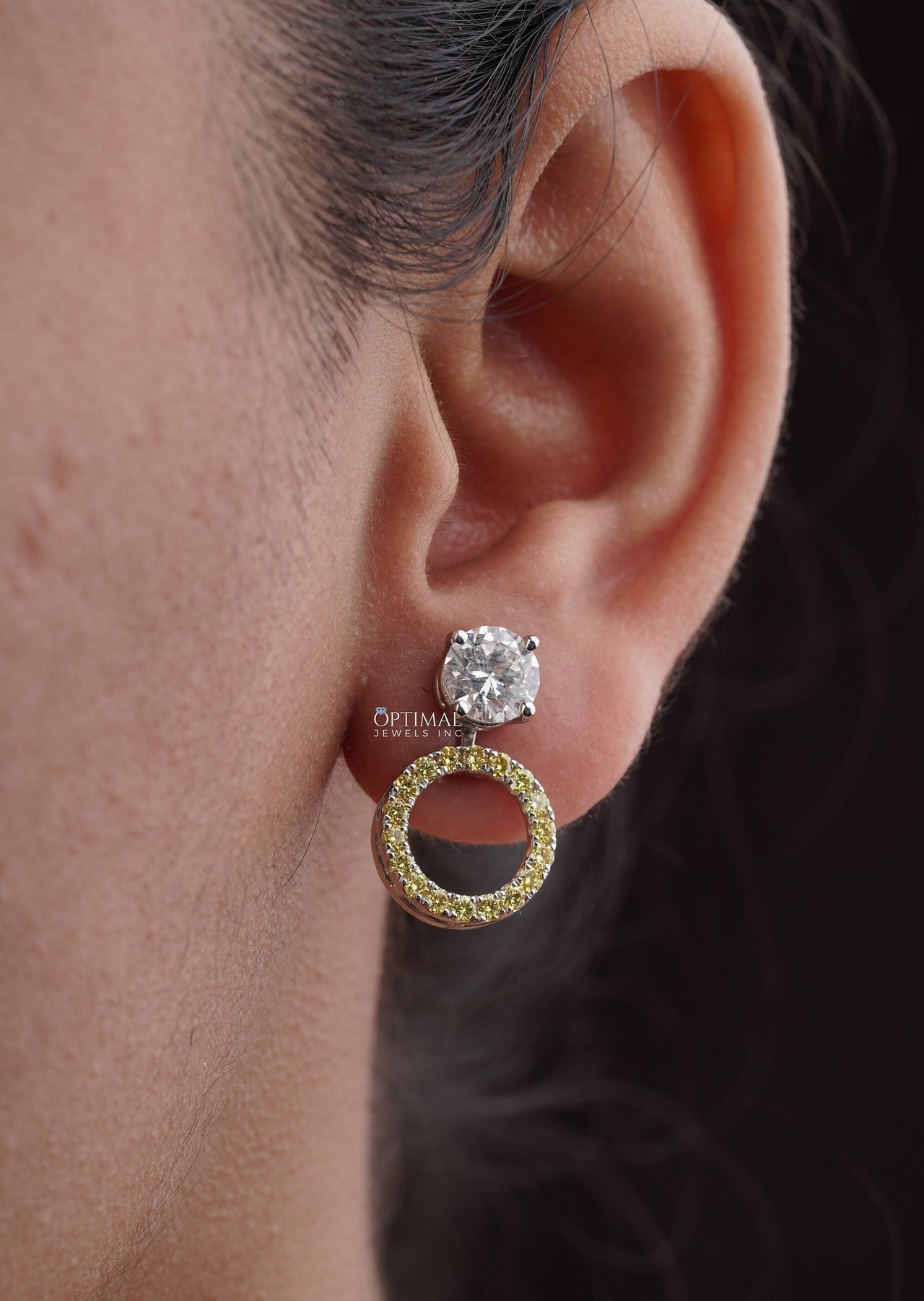 Elegant Two-Tone Lab Diamond Stud Earring 2.44 Ctw Round Sparkling Yellow Stone Encrusted Circle Drop Earring Perfect For Special Occasions