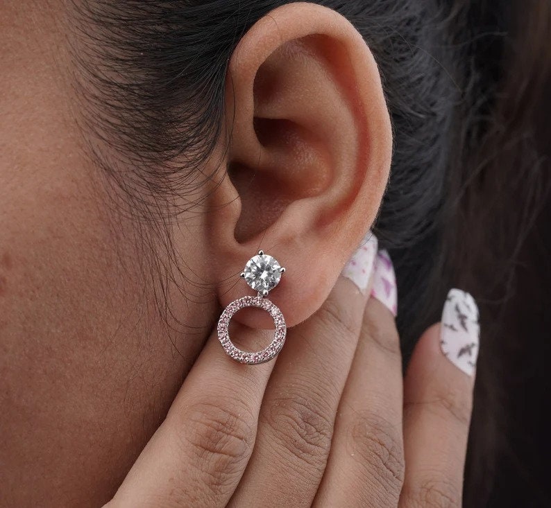 Round Lab Diamond Earring 2.44 Ctw Pink Halo Diamond Earring Jacket Earring White Gold Stud Earring Lab Grown Diamond Earring Gift For Women