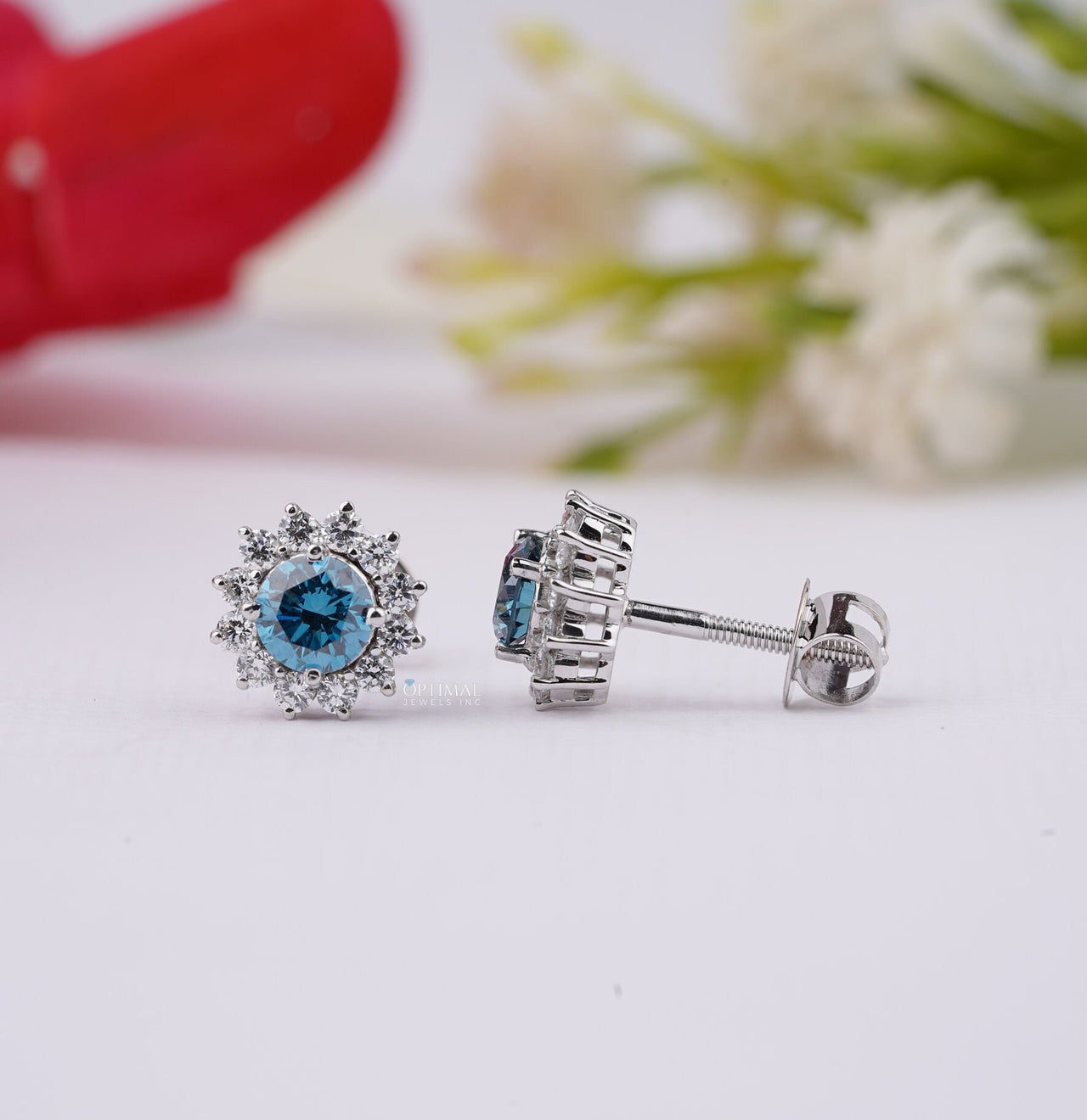 Fancy Vivid Blue Lab Diamond Earring 2.50 Ctw Halo Diamond Earring Round Cut Diamond White Gold Stud Earring For Everyday Wear Gift For Her