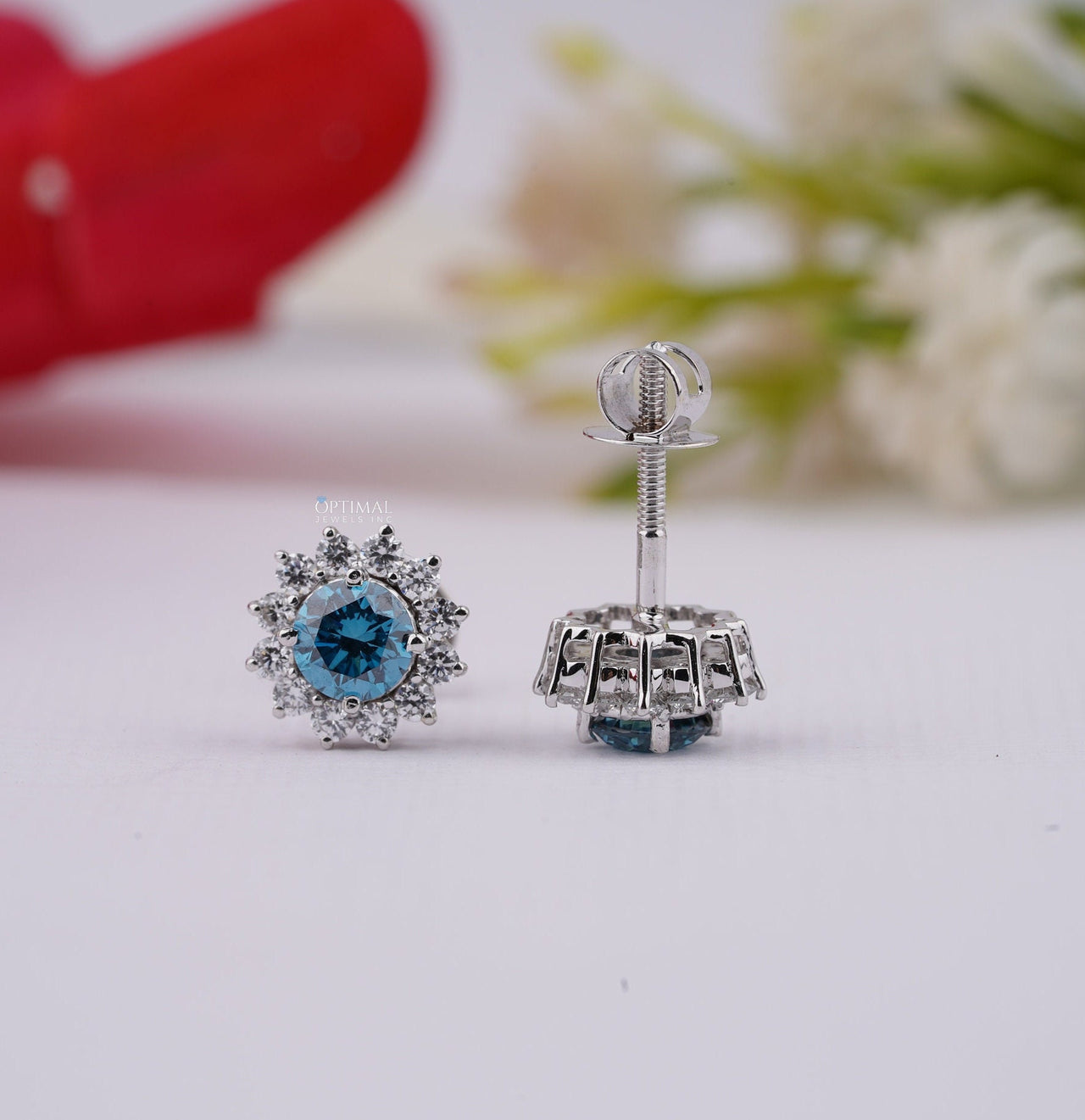 Fancy Vivid Blue Lab Diamond Earring 2.50 Ctw Halo Diamond Earring Round Cut Diamond White Gold Stud Earring For Everyday Wear Gift For Her