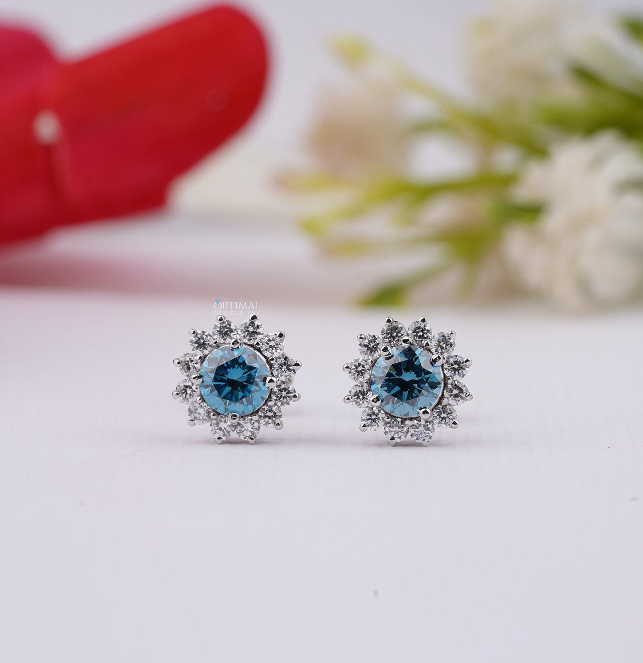 Fancy Vivid Blue Lab Diamond Earring 2.50 Ctw Halo Diamond Earring Round Cut Diamond White Gold Stud Earring For Everyday Wear Gift For Her