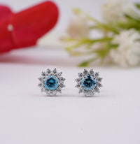 Thumbnail for Fancy Vivid Blue Lab Diamond Earring 2.50 Ctw Halo Diamond Earring Round Cut Diamond White Gold Stud Earring For Everyday Wear Gift For Her