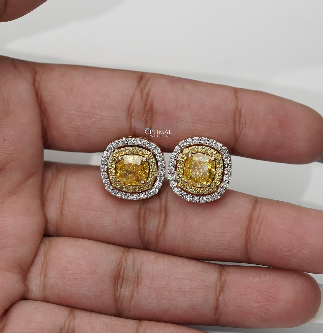 Unique Cushion Lab Grown Diamond Earring 3.50 Ctw Double Halo Diamond Earring 18K Gold Wedding Earring Yellow Diamond Stud Earring For Women