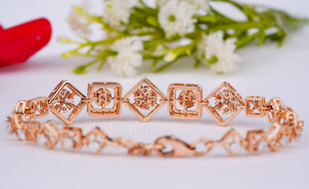 Modern Design Square Setting Bracelet Round & Princess Cut Lab Grown Diamond Bracelet 1.50 Ctw Rose Gold Cluster Diamond Bracelet For Women