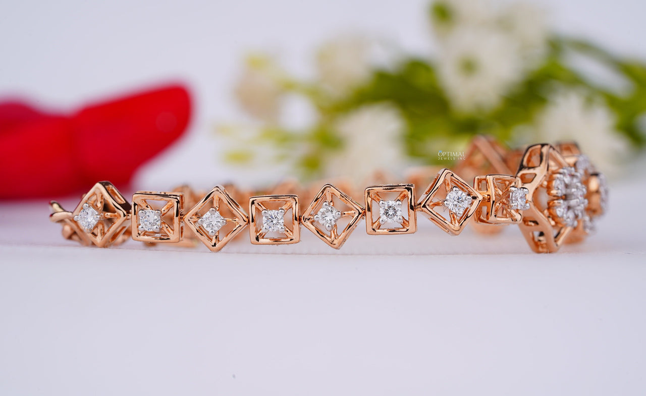 Modern Design Square Setting Bracelet Round & Princess Cut Lab Grown Diamond Bracelet 1.50 Ctw Rose Gold Cluster Diamond Bracelet For Women