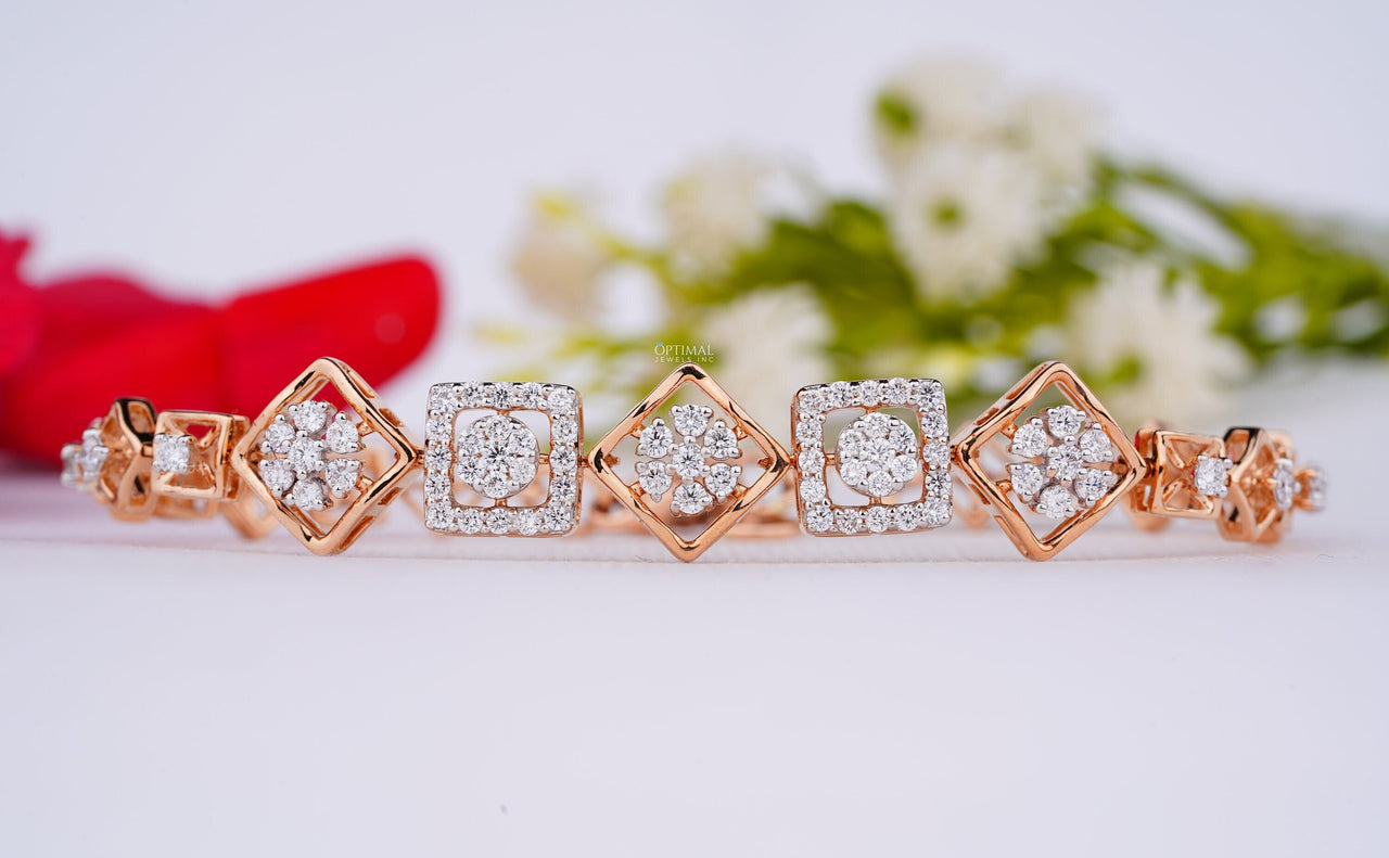 Modern Design Square Setting Bracelet Round & Princess Cut Lab Grown Diamond Bracelet 1.50 Ctw Rose Gold Cluster Diamond Bracelet For Women