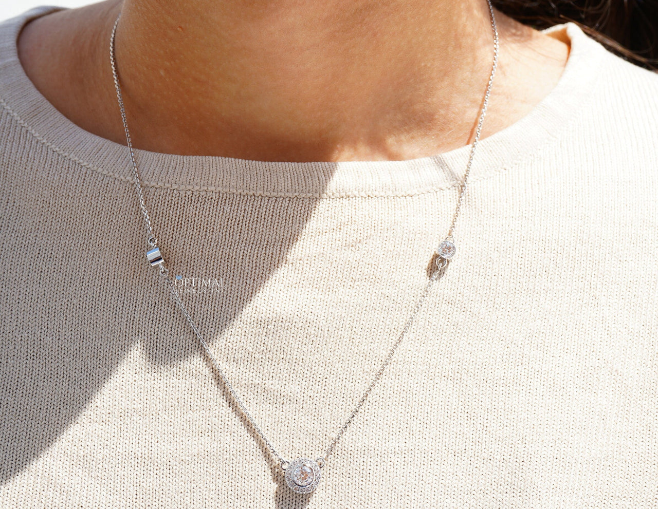 Triple Stone Lab Diamond Necklace 1.00 CTW Round Cut Halo Diamond Pendant, Bezel Set White Gold Chain Pendant, Perfect Birthday Gift For Her