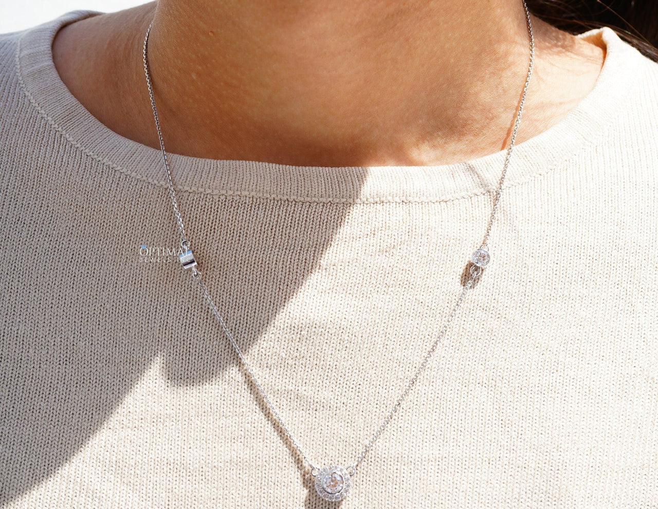 Triple Stone Lab Diamond Necklace 1.00 CTW Round Cut Halo Diamond Pendant, Bezel Set White Gold Chain Pendant, Perfect Birthday Gift For Her