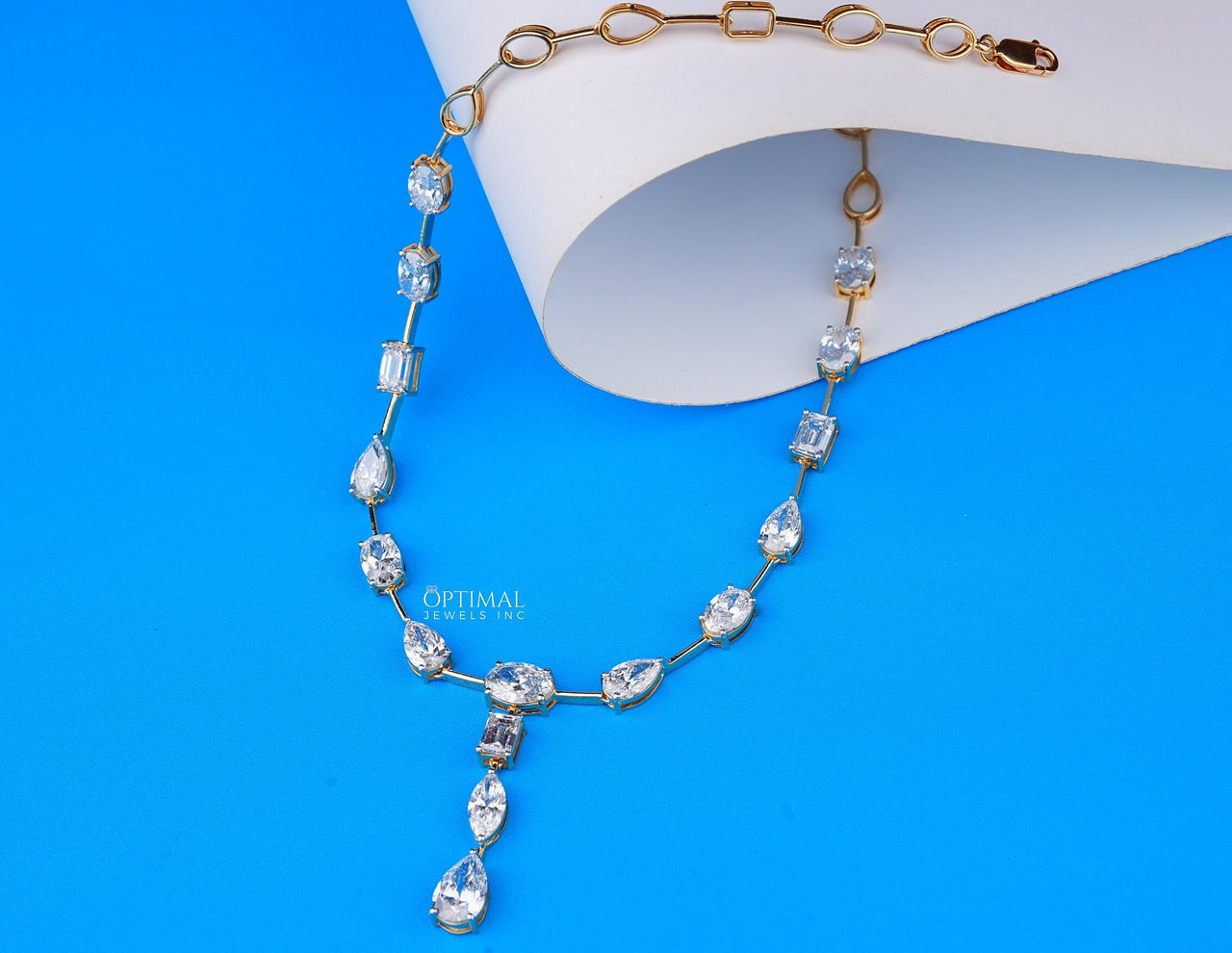 Exquisite Gold Necklace Adorned with Pear, Oval, and Rectangular Cut Diamonds, 18.00 Ctw Lab Diamond, Central Drop Design Necklace For Women