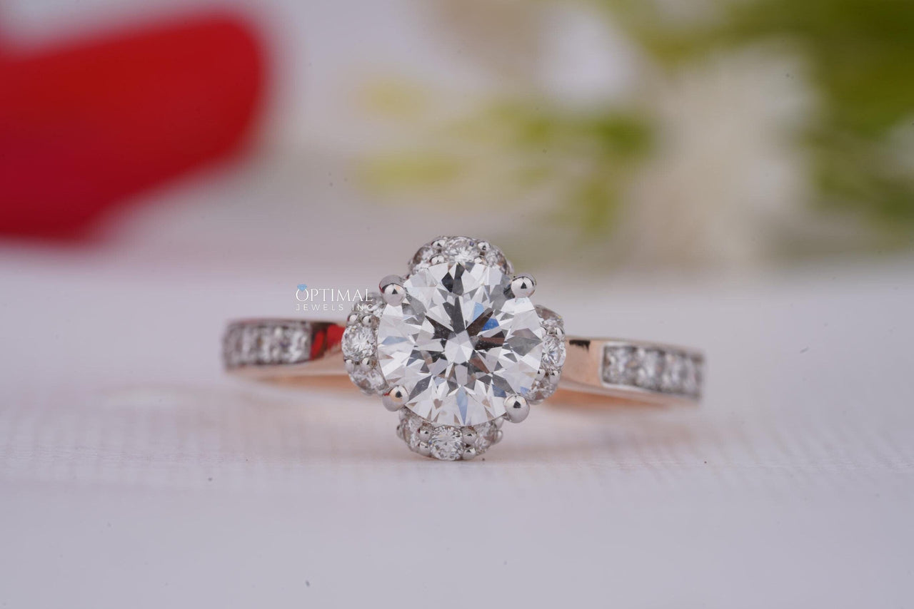 Unique Round Brilliant Cut Lab Diamond Ring 1.44 Ctw Halo Engagement Ring , Floral Design, Pave Band In Two Tone Gold Wedding Ring For Her