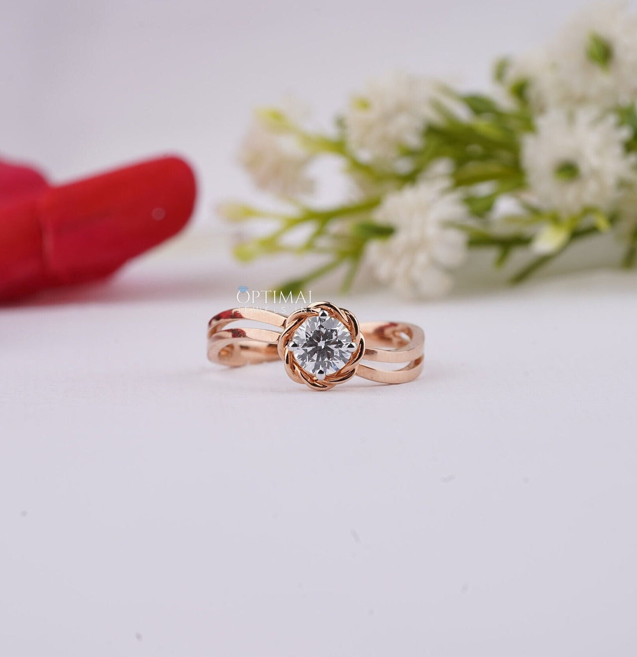 Dainty Lab Grown Diamond Ring 0.47 Ctw Floral Bezel Set Engagement Ring Double Band Solitaire Ring Solid Rose Gold Promise Ring For Her