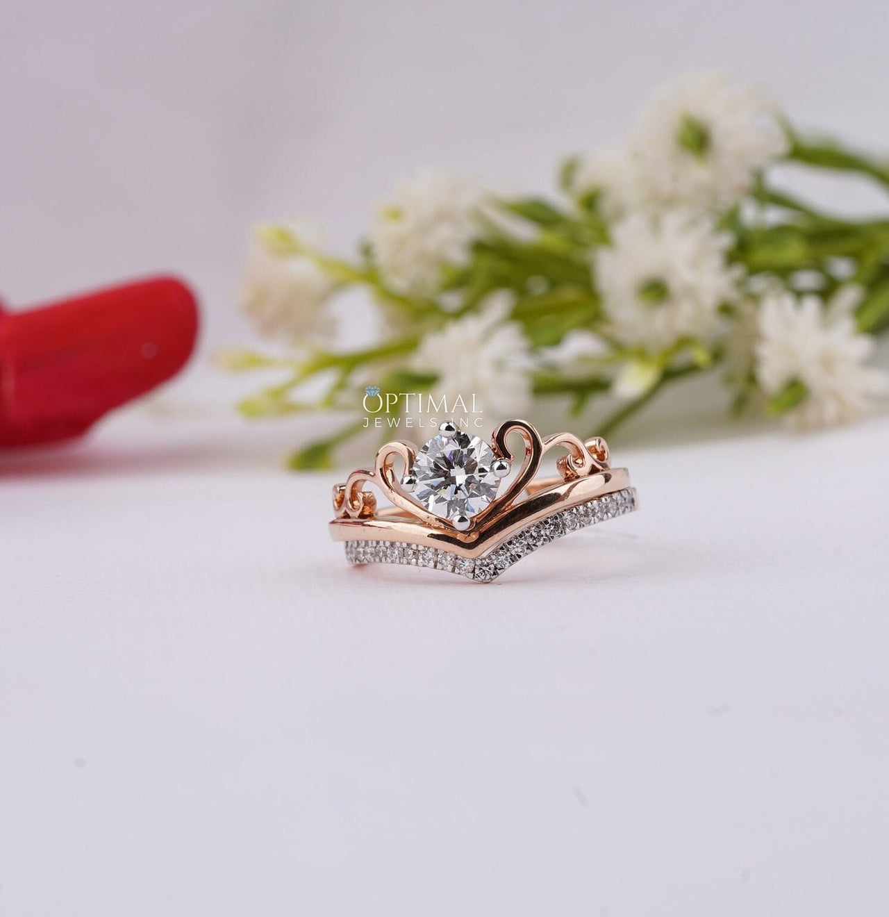 Charming Tiara Style Engagement Ring 0.96 Ctw Round Cut Lab Created Diamond Ring Crown Inspired Design, Rose Gold Double Band Wedding Ring