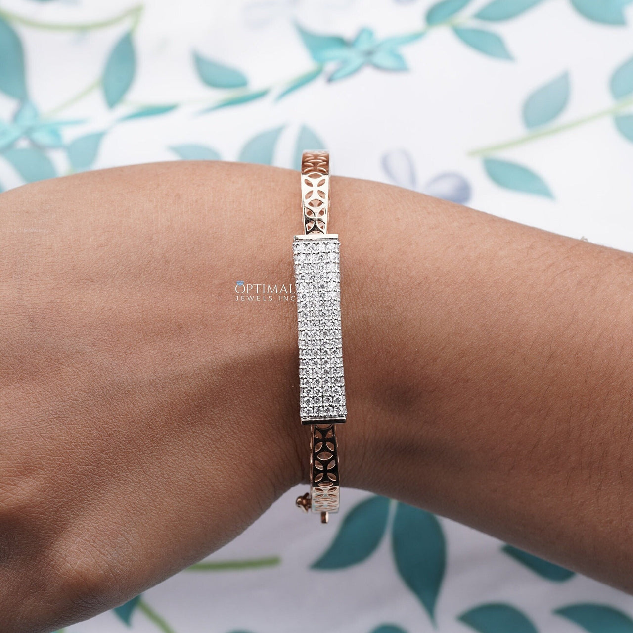 1.75 CTW Cuban Link Lab-Grown Diamond Bracelet, Pave-Set Round Diamonds Bar Bracelet, Rose Gold Fancy Design Band, Ideal Gift For Bridal