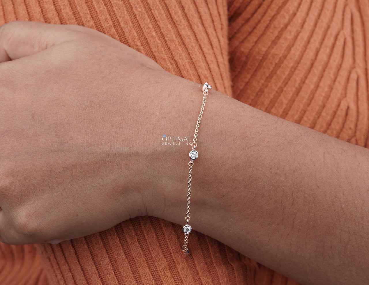 Lab-Grown Diamond Chain Bracelet, 0.50 CTW Round Cut Diamond Bracelet, Bezel Set Rose Gold Bracelet, Station Bracelet, Special Gift for Love