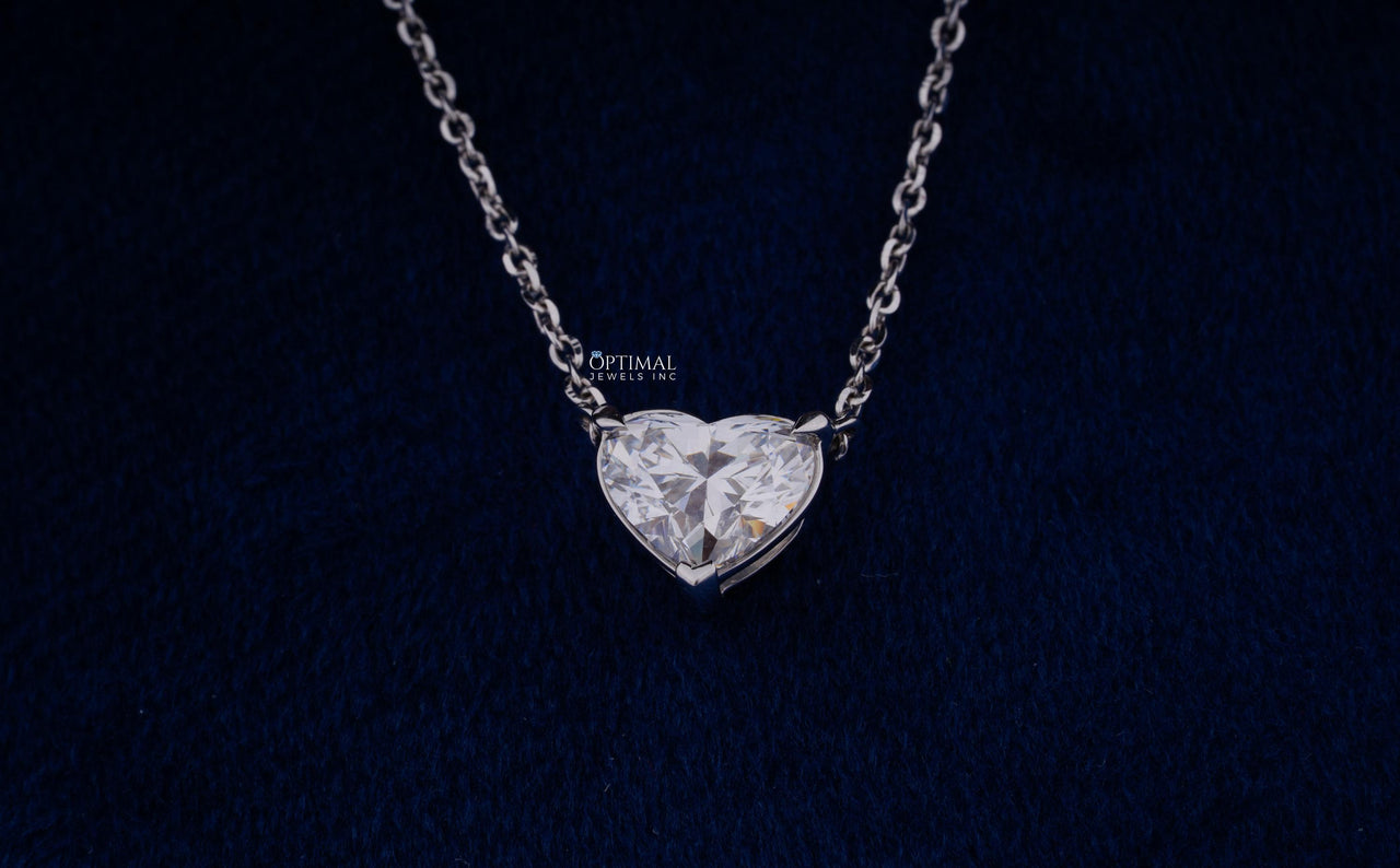 Stunning White Gold Heart Necklace, Lab Grown Diamond, 1.50 Ctw Solitaire Pendant, 18" Chain Everyday Wear Pendant, Special Gift For Wife