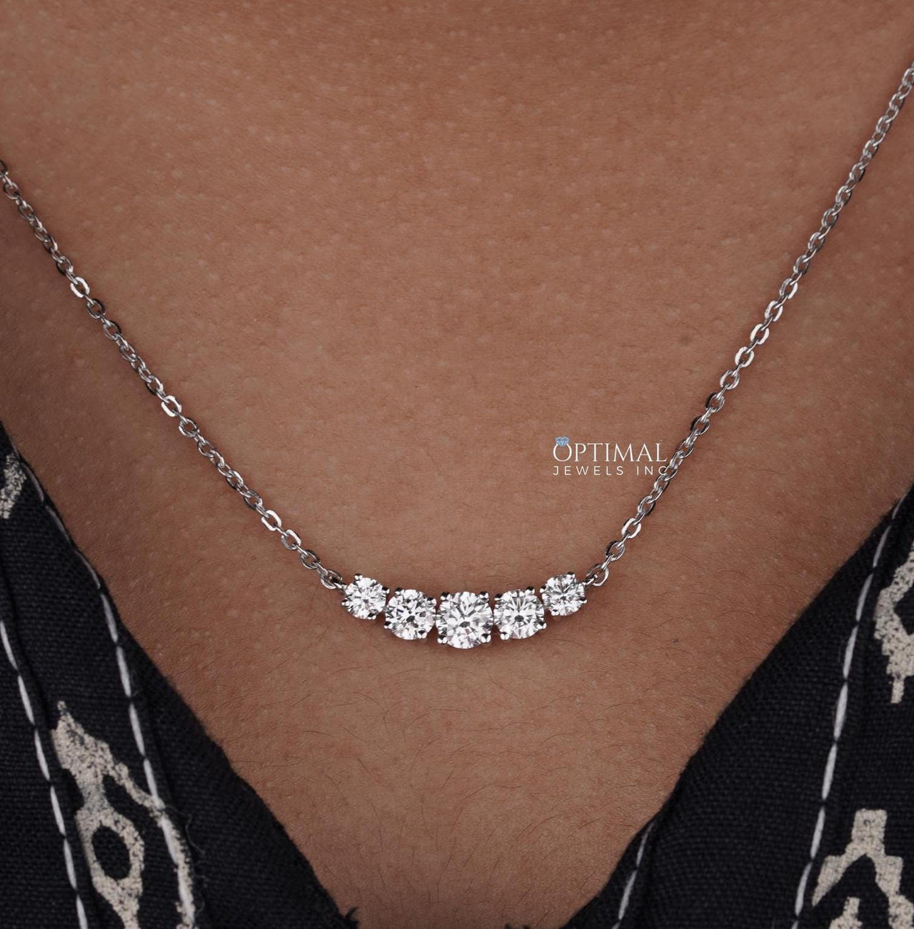 Gorgeous Five Stone Lab Grown Diamond Necklace 1.20 Ctw Round Cut Diamond White Gold 18 Inch Necklace, Perfect Wedding or Anniversary Gift